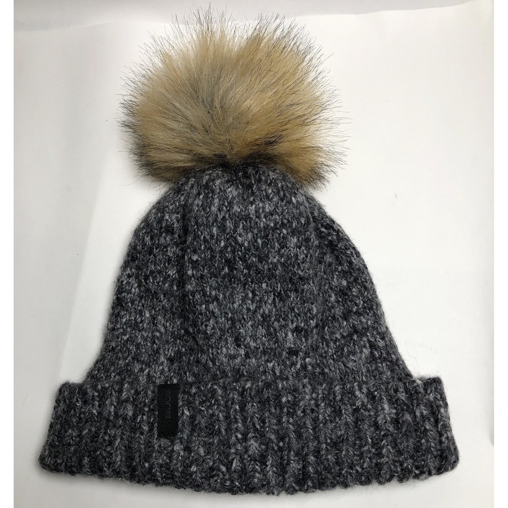 Bula Gray Knit Pom Beanie Wool Blend Fleece Lined Apres Ski Gorpcore Quiet Luxur